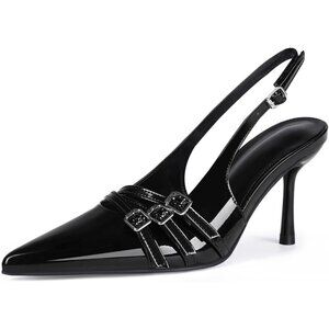 🆕Women Black Stiletto Heels Pointed Toe Slip On Pumps Closed Toe Heeled Sandal